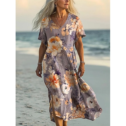 Damen Maxikleid A Linie Kleid Lässig Täglich Lässiger Schnitt Blumen Grafik Kurzarm V Ausschnitt Blau Gelb Purpur Grün Sommer Frühling Image