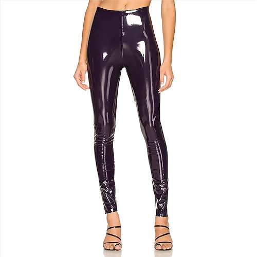 Hose Leggings Glänzendes Finish Damen Hoch tailliert Nasser Look Lacklederoptik Kostüm für Club Party Tanzabend Karneval Erwachsene Image