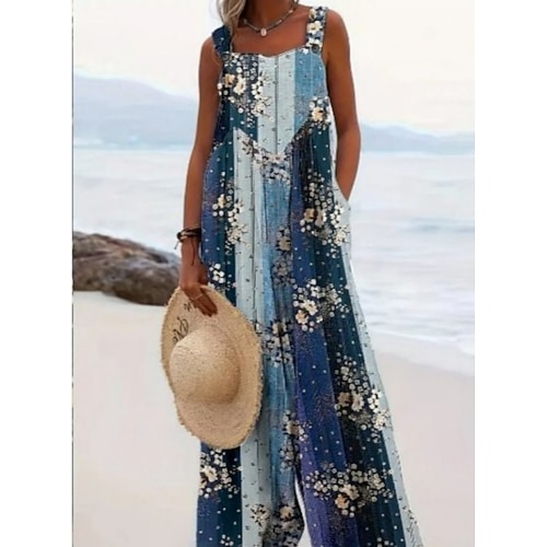 Damen Latzhose Aktiv Blumen Ärmellos Ärmellos Weites Bein Quadrathals Tasche Knöpfe Täglich Strand Lässiger Schnitt Blau Rosa Khaki Sommer Image