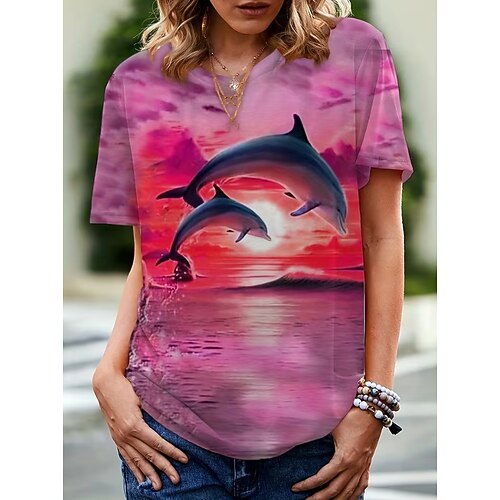 Damen T Shirt Druck Grafik Tiermotiv Vintage Stilvoll Klassisch Kurzarm Rundhalsausschnitt Normale Oberteile Täglich Wochenende Blau Weiß Rosa Sommer Frühling Image