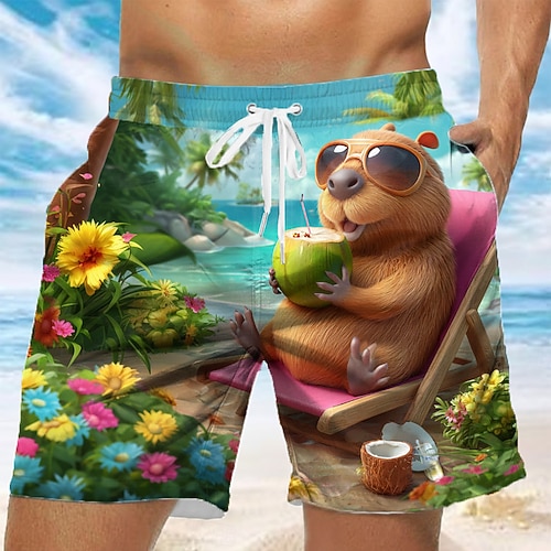 Herren Cartoon Lustig Wasserschwein Badehosen Badeshorts Boardshorts Mittlere Taille Hawaiianisch Hawaiianisch Strandurlaub Seitentaschen Netzfutter Elastischer Kordelzug in der Taille Designer Image