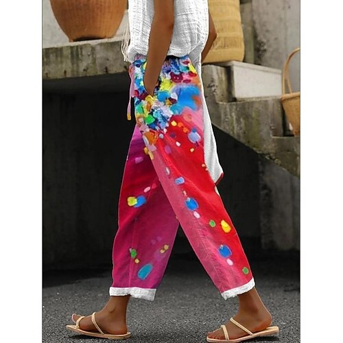 Damen Leinenähnliche Hosen Trousers Urlaub Basic Freizeit Daily Knöchellänge Mittlere Taille Floral mit Kordelzug Seitentaschen Druck Komfort Atmungsaktiv Bequem Unelastisch Urlaub Formal Street Blau Image