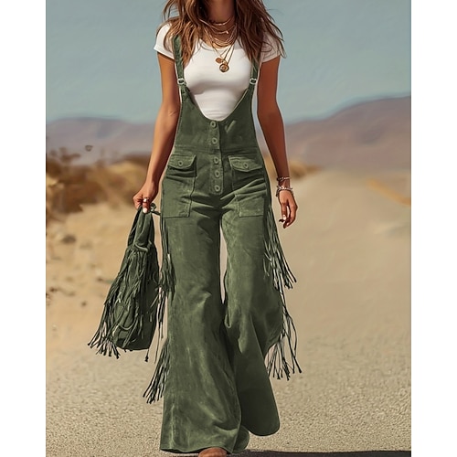 Damen Cargo-Hosen Weites Bein Trägerhose Overall Mode Streetwear Lässig Volle Länge Hohe Taille Einfach Quastenfransen Tasche Bequem Unelastisch Outdoor Urlaub Straße Schwarz Rote Braun Grün Frühling Image