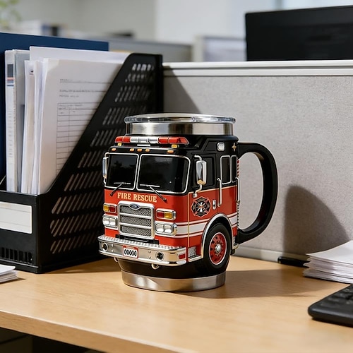Feuerwehrbecher, handgefertigter Feuerwehrauto-Kaffeebecher für die Mutigsten, Feuerwehr-Kaffeebecher, lustiger 3D-Feuerwehrauto-Becher, robustes Trinkgefäß für heiße Getränke Kalte Getränke für Image