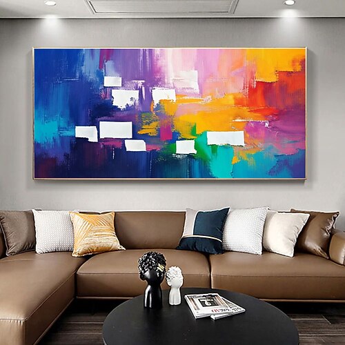 Originales Ölgemälde, handgemalt, farbenfrohes Blockgemälde auf Leinwand, großes Wandbild, abstraktes minimalistisches Gemälde mit blauer Textur, Boho-Wanddekoration, Wohnzimmerwanddekoration Image