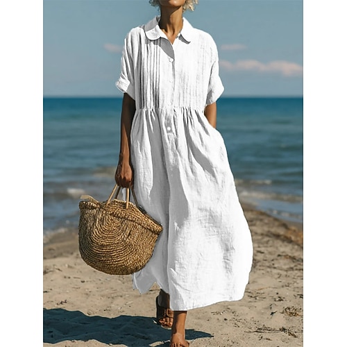 Damen Midikleid Hemdblusenkleid Kaftan Kleid Baumwoll-Leinen-Kleider Mode Modern Täglich Outdoor Urlaub Normale Passform Einfach Kurzarm Hemdkragen Blau Weiß Rosa Rote Sommer Frühling Image
