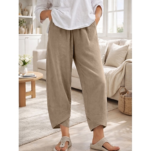 Damen Hose aus Baumwollleinen Weites Bein Chinos Urlaub Streetwear Basic Knöchellang Mittlere Taillenlinie Einfach Tasche Bequem Komfort Unelastisch Täglich Outdoor Urlaub Weinrot Grau Schwarz Image