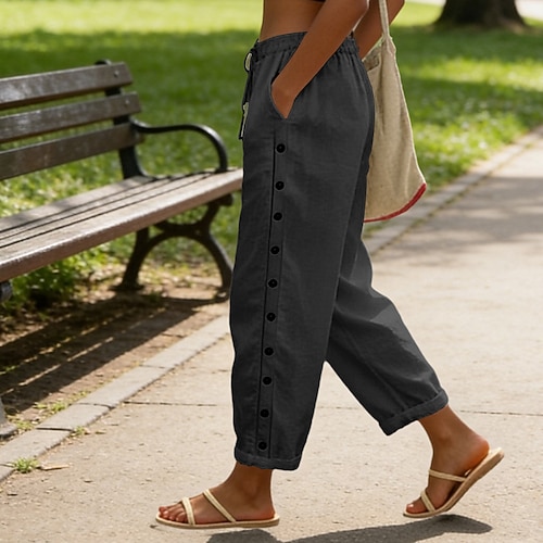 Damen Baumwolle Hose Sommerhose Strandhose Urlaub Mode Alltagstauglich Knöchellang Hohe Taille Einfach Elastischer Bund Seitenknopf Leicht Bequem Atmungsaktiv Unelastisch Streetwear Strand Ferien Image