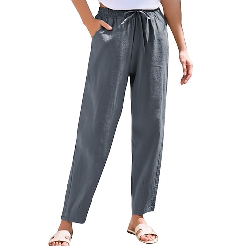 Damen Hose aus Baumwollleinen Chinos Urlaub Streetwear Basic Knöchellang Mittlere Taillenlinie Einfach Kordelzug Tasche Bequem Komfort Unelastisch Täglich Outdoor Urlaub Grau Schwarz Weiß Gelb Sommer Image