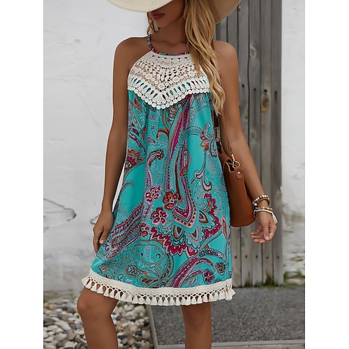 Damen Mini Kleid Boho Sommerkleid A-Linie Kleid Sommerkleid Slip-Kleid Urlaub Party Lässig Zuhause Outdoor Strand Regulär Fit Floral Grafik Ärmellos Neckholder Druck 8 Druck 1 Druck 3 Druck 5 Sommer Image