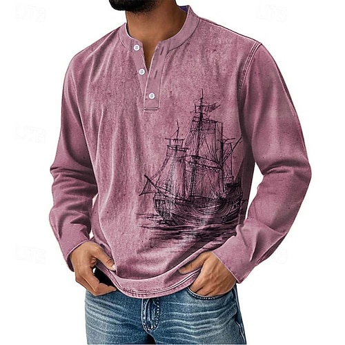 Herren Grafik Vintage Henley Hemd Langarm Vintage Mode Niedlich Lässig Ferien Ausgehen Frühling Herbst Blau Rosa Grün Khaki Henley Henley T-Shirt Image