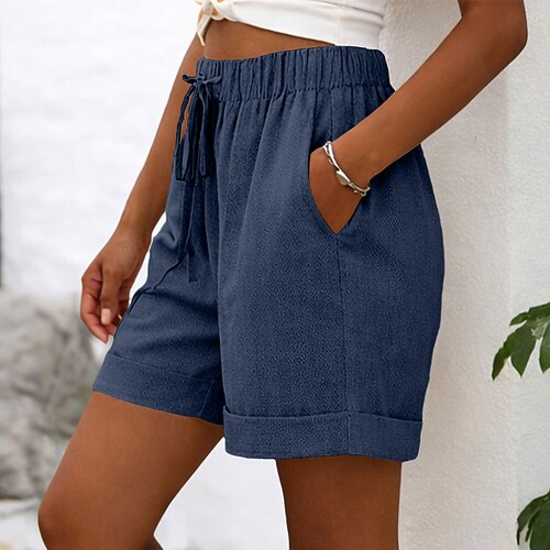 Damen Shorts Leinenshorts Sommershorts Strandshorts Urlaub Mode Alltagstauglich Kurz Hohe Taille Einfach Tasche Elastischer Bund Komfort Schnelltrocknend Weich Unelastisch Streetwear Strand Ferien Image
