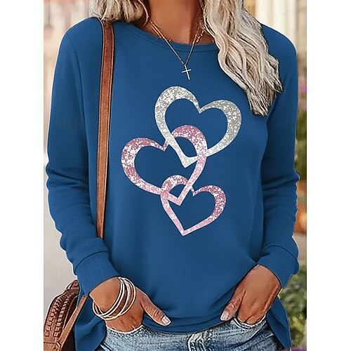 Valentinstag Damen T Shirt Druck Herz Grafik Mode Stilvoll Klassisch Langarm Rundhalsausschnitt Normale Oberteile Täglich Wochenende Blau Schwarz Rosa Rote Sommer Frühling Herbst Image