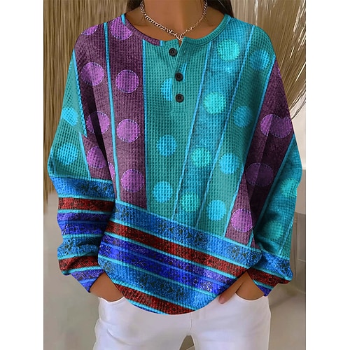 Damen Kapuzenshirts Knöpfe Grafik Geometrisch Farbblock Mode Lässig Druck Langarm Rundhalsausschnitt Rundhals Normale Oberteile Lässig Straße Blau Rote Purpur Grün Herbst Winter Image