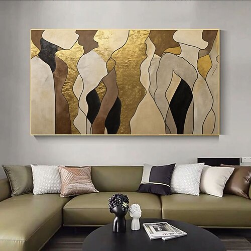 Großes, handgemaltes abstraktes Figurenbild auf Leinwand, Wandbild, Wanddekoration für Schlafzimmer und Wohnzimmer, abstrakte Kunst in Schwarz und Beige Image