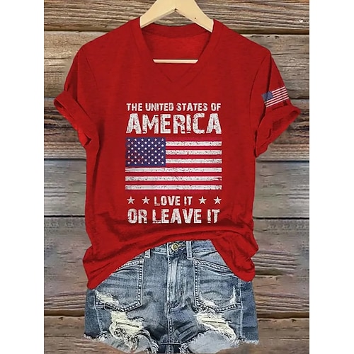 Amerikanischer Unabhängigkeitstag Damen T Shirt T-Shirt Amerikanische Flagge Mode Klassisch Lässig Kurzarm V Ausschnitt Normale Oberteile Täglich Ausgehen Wochenende Blau Schwarz Rote Sommer Frühling Image