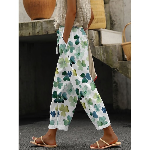 Damen Hosen Leinenähnliche Hosen Urlaub Basic Freizeit Alltag Knöchellang Mittlere Taille Floral Grafisch Kordelzug Seitentaschen Druck Komfort Atmungsaktiv Bequem Unelastisch Wochenende Blau Weiß Image