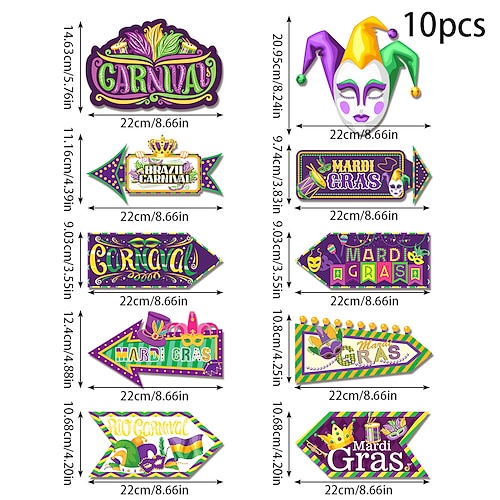 20-teiliges Karnevals-Party-Dekorationsset (2er-Pack), Wegweiser, lila-grün-goldene Pfeilschilder für Wand, Garten, Außendekoration, Partyzubehör für den Faschingsdienstag Image