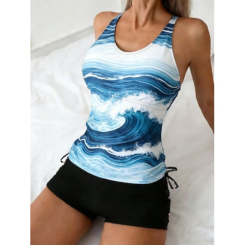 Damen Badeanzug Tankini Zweiteilig Hohe Taillenlinie Bademode Bauchkontrolle Hohe Taille Schlank Rückenfrei Urlaub Strandbekleidung Ombre U-Ausschnitt Ärmellos Badeanzüge Image