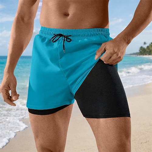 Herren Badehosen Badeshorts Boxer-Badeshorts Shorts Kordelzug Elastischer Bund Einfarbig Schnelltrocknend Atmungsaktiv Über dem Knie Lässig Strand Schwimmen Urlaub Mode Blau Cachi scuro Mikroelastisch Image