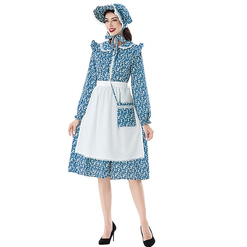 Buchwoche 2026 19. Jahrhundert 1800er Jahre Prärie-Kleid Hauben- und Schürzenset langarm Pioniermädchen Kolonial Pionier Revolutionskrieg Blumen Kostüm Damen Halloween Karneval American 250 4. Juli Image