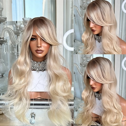 Brasilianische Echthaarperücke (100 % Remy-Haar), 5x5 Closure, Seitenscheitel, gewellt, aschblond mit Babyhaaren, Ombré-Effekt, 13x4 Lace-Front, natürlicher Haaransatz für Damen Image