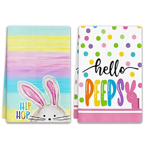 2-teiliges Geschirrtuch-Set mit Osterhasenmotiv, waschbare Frühlings-Küchentücher mit Osterhasenmotiv Geschirrtücher mit Eiermuster, rechteckig, im modernen Landhausstil, geeignet für frühlingshafte Image