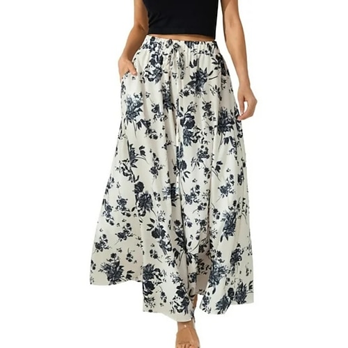 Damen Mode Lässig Maxi Hohe Taille Röcke Einfach Blumenmuster Bäume / Blätter Tasche Druck Dehnbar Täglich Straße Blau Schwarz Weiß Rote Sommer Polyester Image