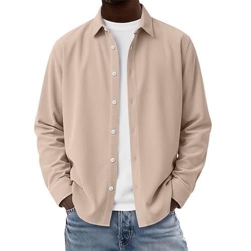 Herren Hemd Textur Freizeithemd Cordhemd Knopfhemd Schwarz Weiß Hellgrün Burgunderrot Marineblau Langarm Einfach Hemdkragen Lässig Täglich Fronttasche Bekleidung Elegant Mode Lässig Image