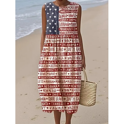 Unabhängigkeitstag Damen Midikleid Freizeitkleid Sommerkleid Shiftkleid Mode Modern Täglich Outdoor Urlaub Normale Passform Flagge Ärmellos Rundhalsausschnitt Rote Sommer Frühling Image