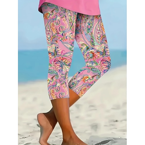 Damen Caprihose Leggings Urlaub Hawaiianisch Stilvoll Capris Mittlere Taillenlinie Komfort Dehnbar Blau Rosa Rote Sommer Frühling Schmale Passform Image