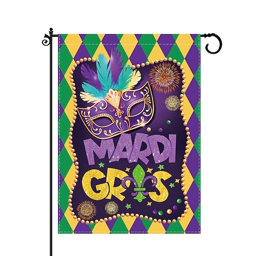 2er-Pack Mardi-Gras-Gartenflaggen, 30 x 45 cm, doppelseitig, lila-grün-goldene Lilienmuster, Hausflaggen für Garten, Terrasse, Rasendekoration, Karnevalsdeko