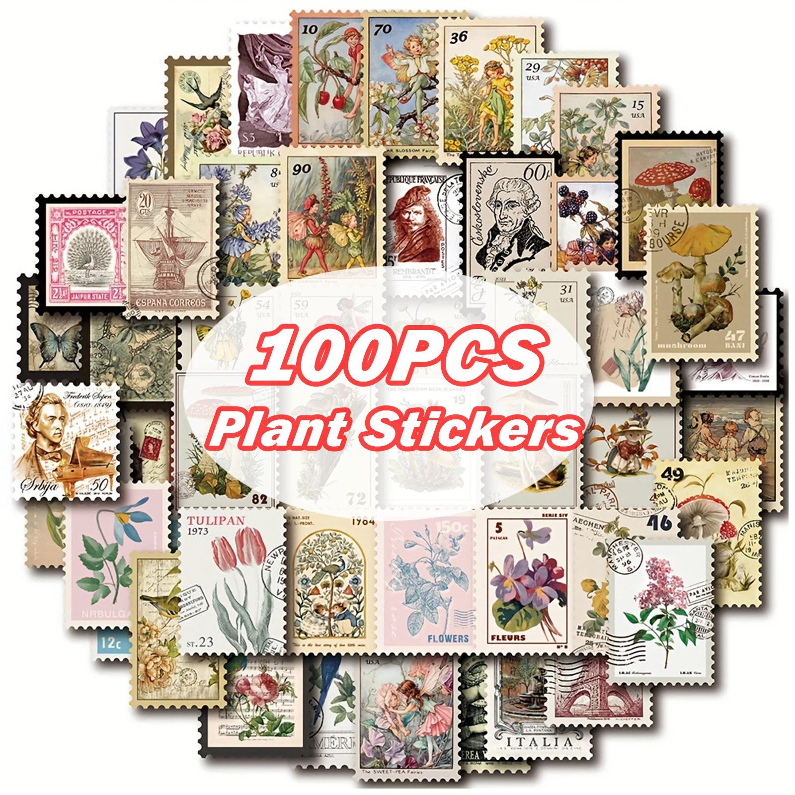 100PCS Stempel Stil Pflanzen Aufkleber Set Für Journal Planer DIY Kunst Handwerk Scrapbooking Tagebuch Laptop Gepäck Skateboard Aufkleber Image