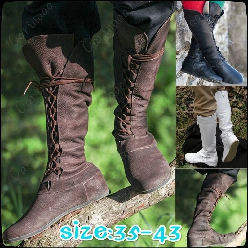 Mittelalterlichen Retro Frauen Prinzessin Männer Prinz Ritter Cosplay Leder Kurze Knöchel Stiefel Gothic Karneval Party Hohe Rohr Verband Schuhe