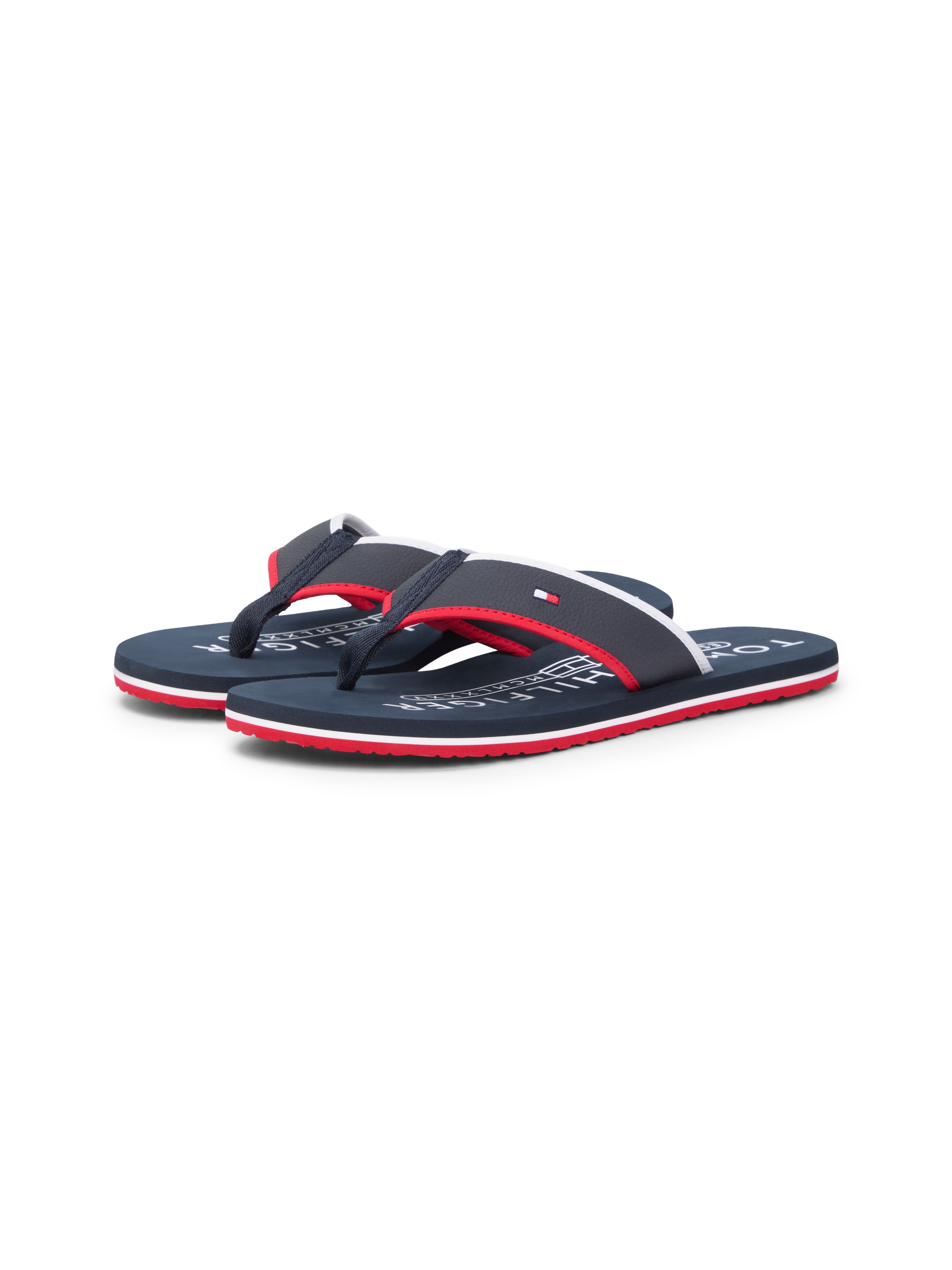 Zehentrenner TOMMY HILFIGER "HILFIGER TUMBLE BEACH SANDAL", Damen, Gr. 48, dunkelblau, Lederimitat, Textil, Schuhe Zehentrenner, Sommerschuh, Badeschuh mit dreifarbiger Laufsohle