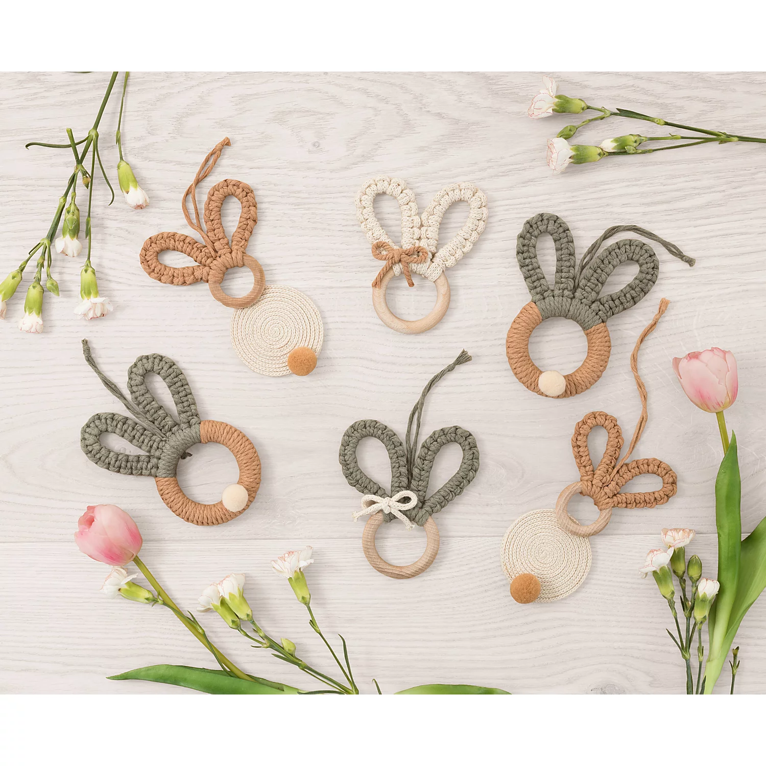 buttinette Bastel-Set Makramee Hasen, 6 Stück