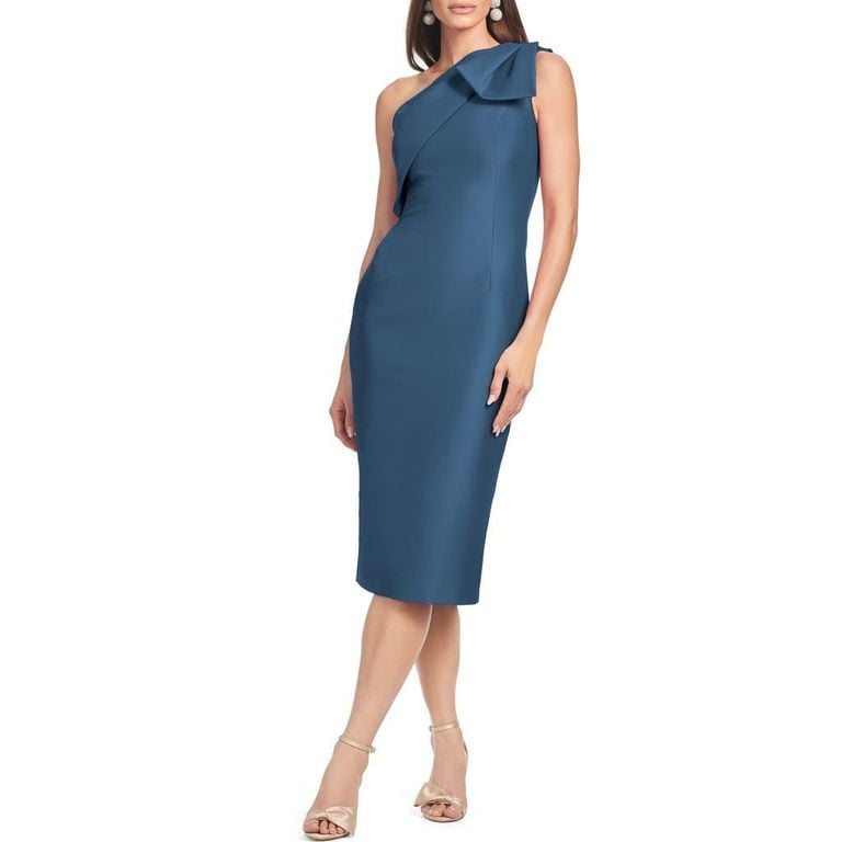 Sharla Bow Detail One-Shoulder Cocktail Sheath Midi Dress - Blue - Sachin & Babi Dresses