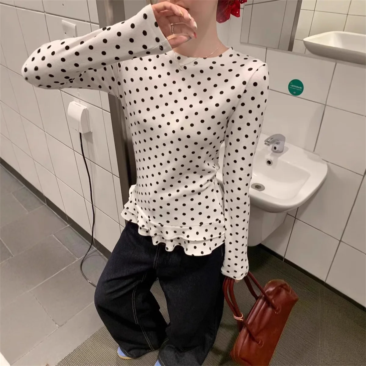 Women's Sweet Korean Style White Polka Dots Tees Long Sleeves 2026 Spring Ruffles Bottoming Shirt Top Female Clothing милый топ