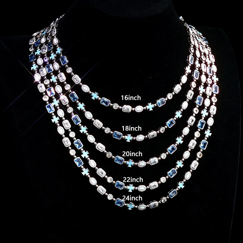 ESKEEM 6mm geometrische blaue Edelstein Halskette Öl Tropf Kreuz Anhänger Iced Out CZ Steine Opal Kette Hip Hop Schmuck Männer Frauen Geschenk Image