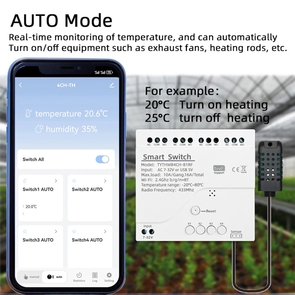 Tuya WiFi 4 Kanal Smart Switch mit Temperatur oder Feuchtigkeit Sensor 7-32V 85-250V 10A RF 433MHZ Relais für Alexa Google Home Image