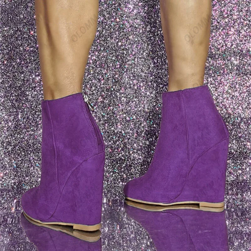 Olomm Handgefertigte Damen-Plateau-Stiefeletten aus Wildleder mit Keilabsatz, runder Zehenbereich, lila, rot, Freizeitschuhe für Damen, Übergröße, US-Größe 5–20