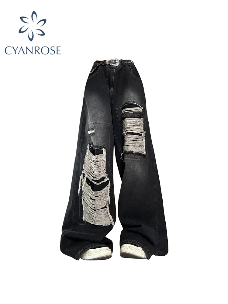 Jeans neri gotici da donna a vita alta moda coreana vintage Y2k streetwear pantaloni strappati pantaloni casual in denim a gamba larga Harajuku
