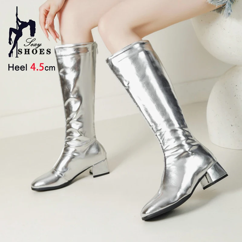 2025 herbst Winter Luxus Chunky Ferse Lange Stiefel Für Frauen 4,5 CM Karree Silbrig Hohe Stiefel Größe 35-46 mode Frau Schuhe