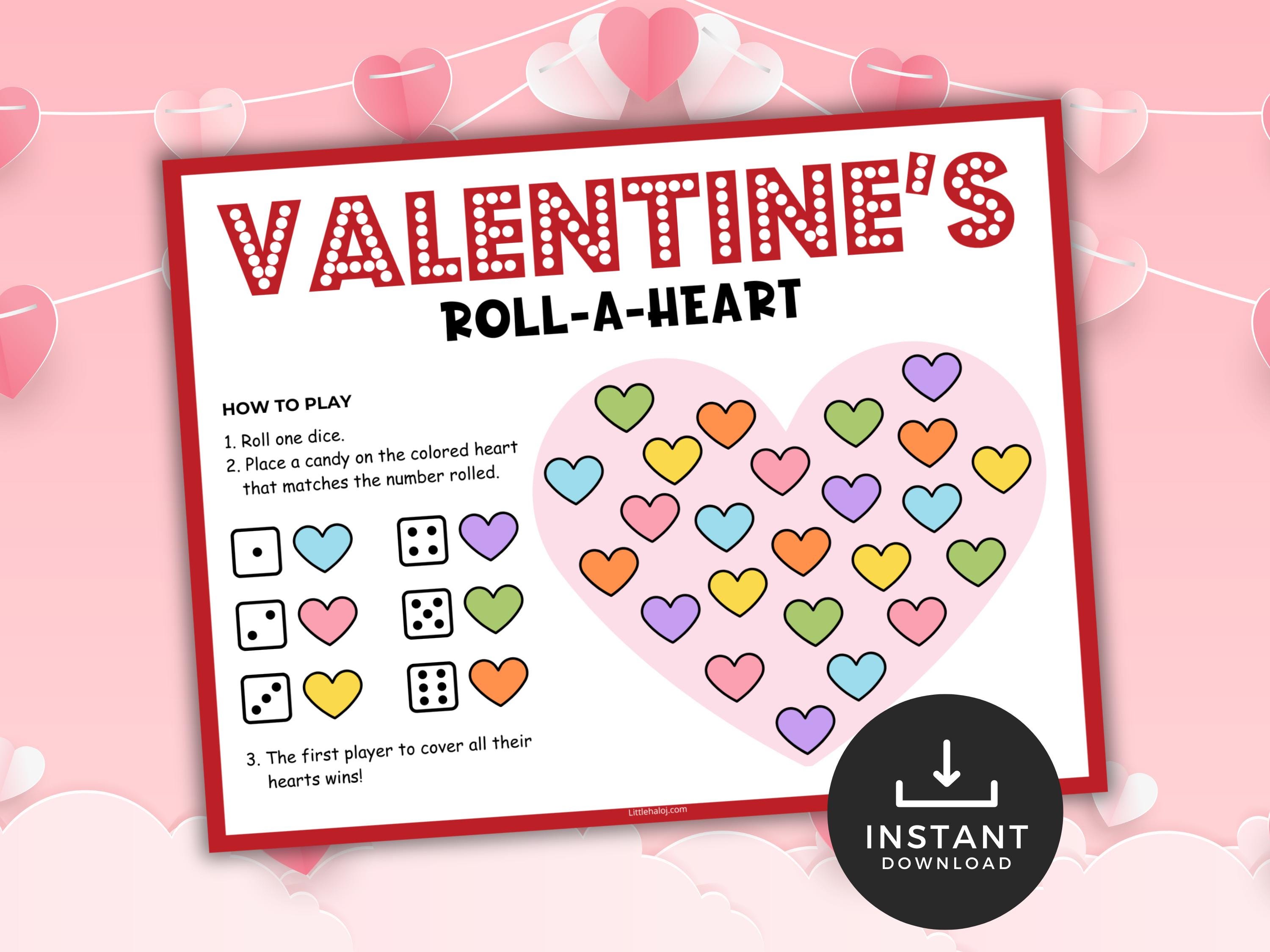 "Gioco stampabile per San Valentino \"Rotola un cuore\", attività per la festa di San Valentino in classe, gioco dei dadi a forma di cuore, San Valentino"