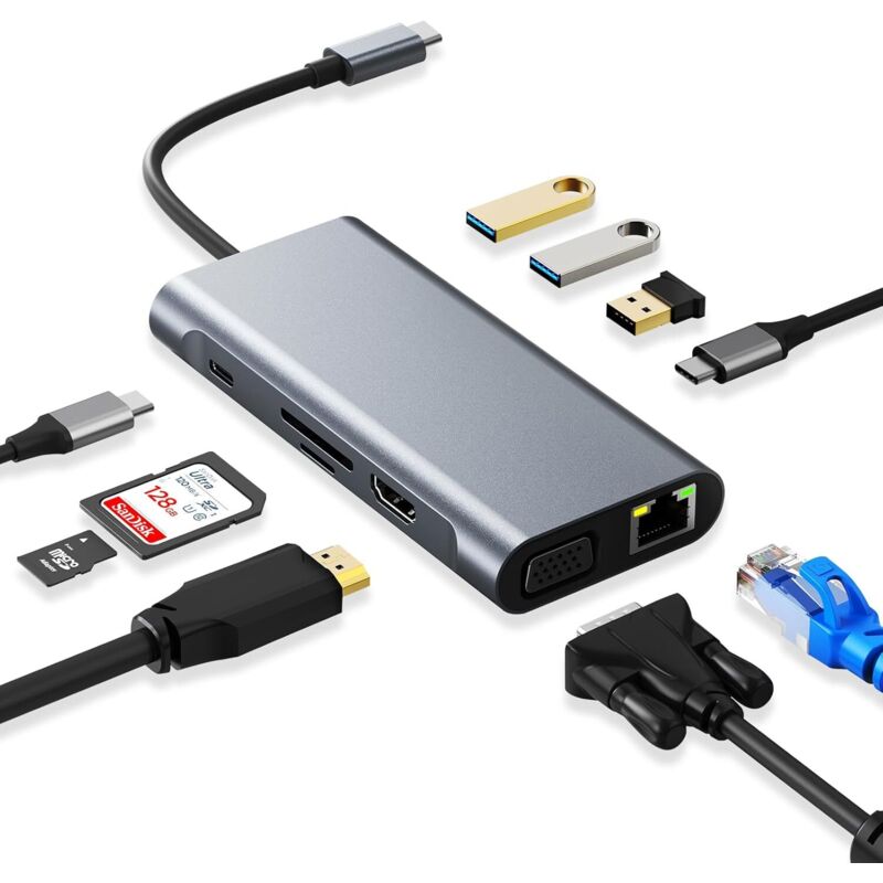 Wowssyo 11-in-1 Docking Station Hub Usb C, Adattatore Usb C Hdmi 4k, Vga, 3xusb 3.0, Usb C, Lettore Di Schede Sd/tf, Gigabit Ethernet, Pd 100w, Audio Da 3,5 Mm Per Macbook Pro/air E Laptop Windows Xps