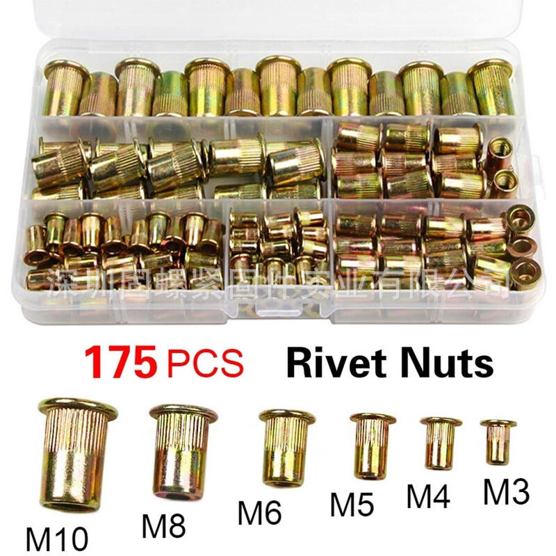 Kit Di Dadi Per Rivetti Da 175 Pezzi, Set Di Rivetti Filettati In Acciaio Al Carbonio Zincato, Assortimento Di Dadi Per Rivetti Ciechi Per Metallo, Legno, Alluminio (m3/m4/m5/m6/m8/m10)