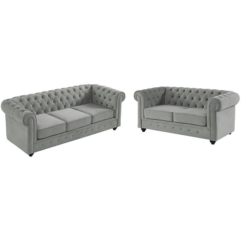 Divano 3+2 Posti Velluto Grigio - Chesterfield