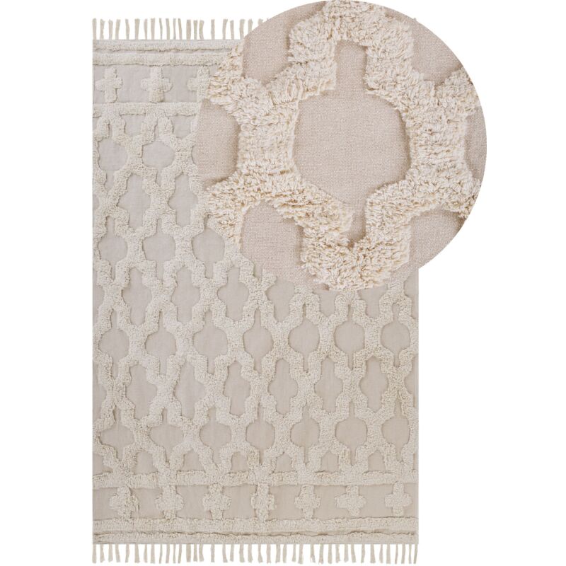 Tappeto Beige Di Cotone Fatto A Mano Stile Marocchino Motivo Con Quadrifogli 140 X 200 Cm Suluova