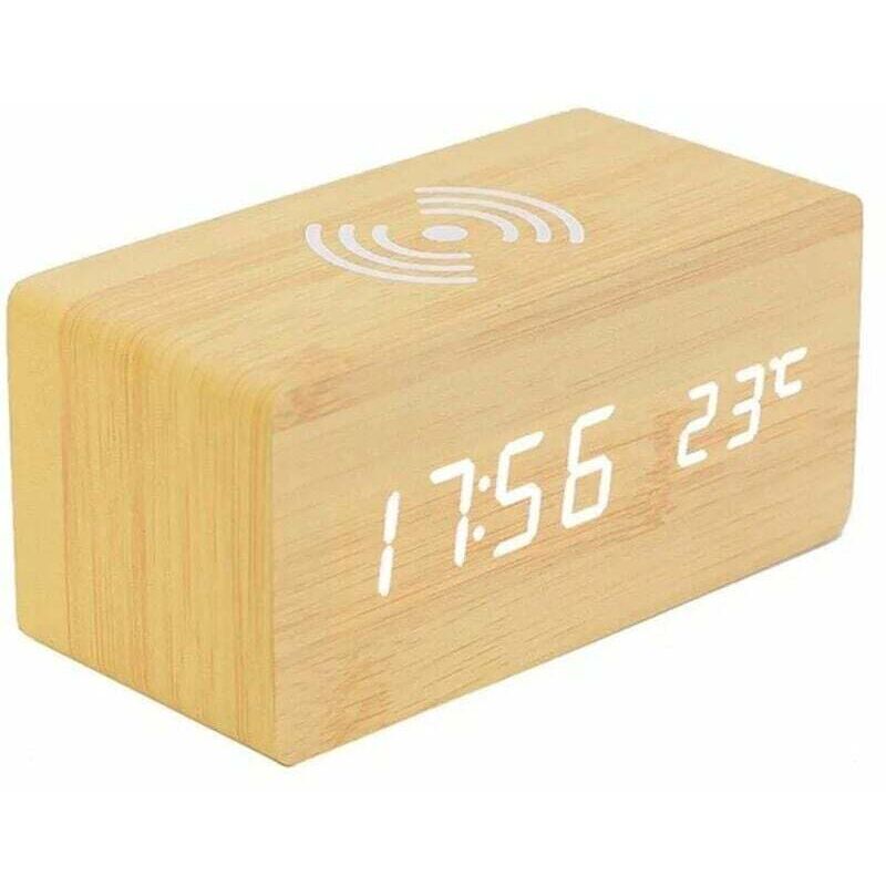 Sveglia Digitale Con Termometro, Sveglia Digitale In Legno A Led, Sveglia Digitale In Legno Con Caricabatterie Wireless, Sveglia In Legno Con Caricabatterie A Induzione, Caricabatterie Wireless Per Ca