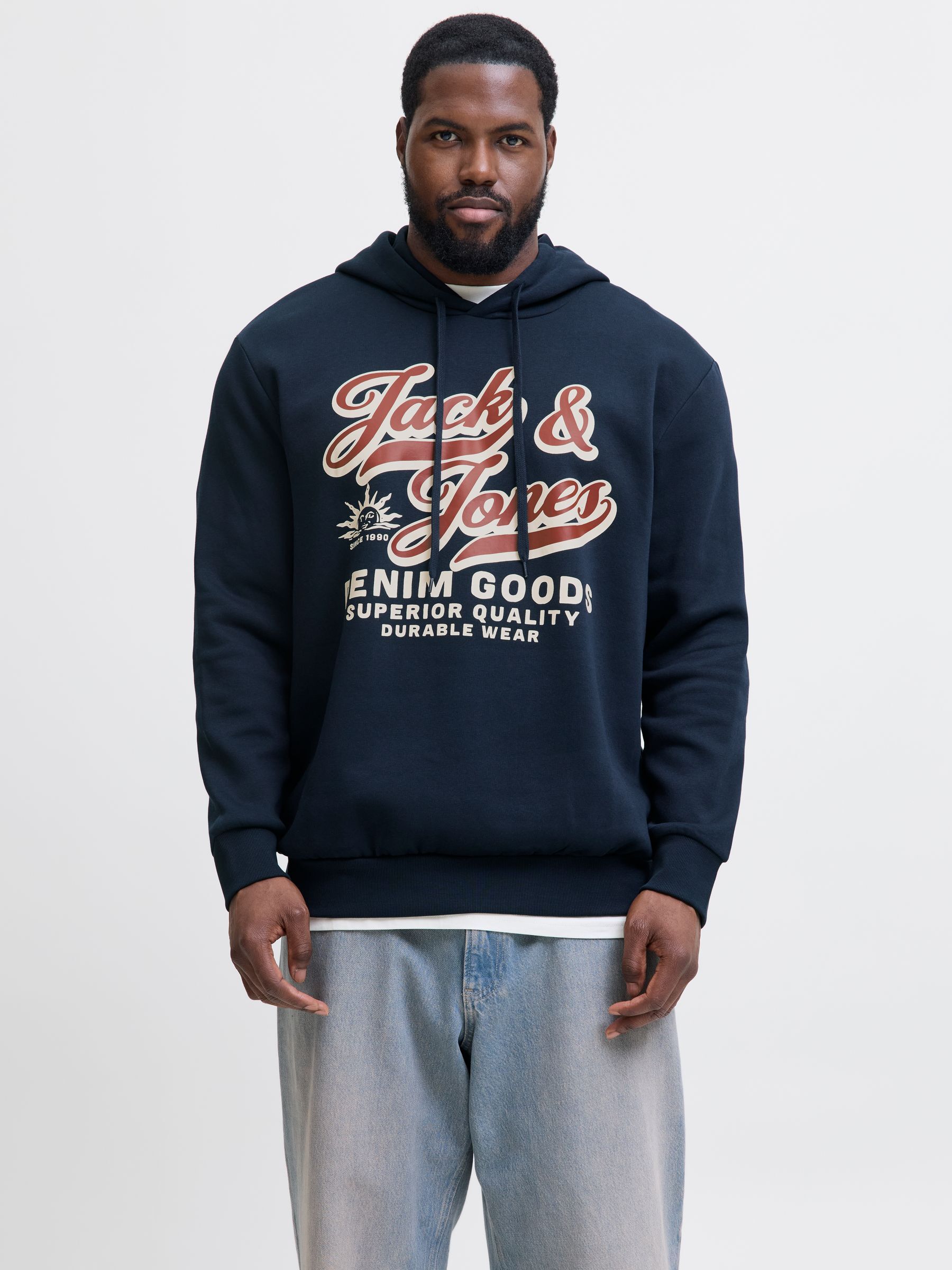 Hoodie "JJELOGO SWEAT HOOD 2 COL 24/25 NOOS PLS", Herren, Gr. 6XL, sky captain, angeraute Sweatware, Obermaterial: 70% Baumwolle, 30% Polyester, JACK & JONES PLUSSIZE, regular fit normal, ohne Ausschnitt, Rippbündchen, Sweatshirts Hoodie, mit Logo...